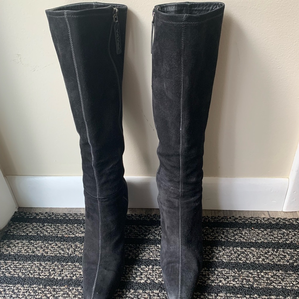 Prada Black Suede Tall Zip Boots